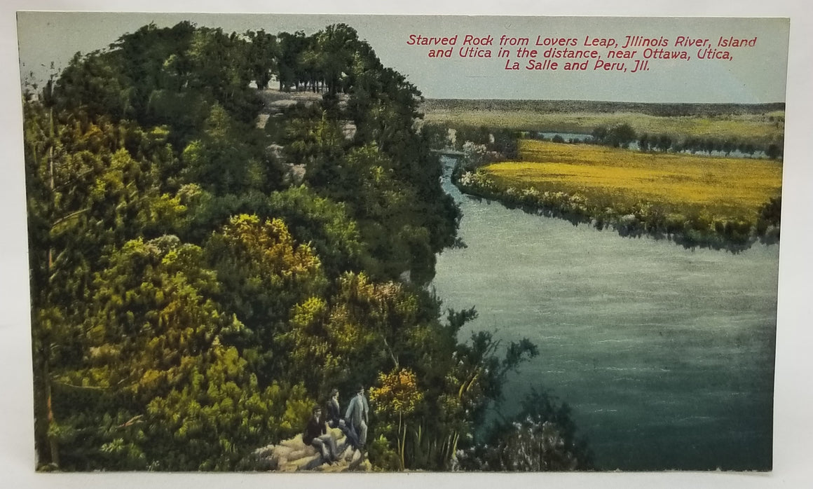 Starved Rock from Lovers Leap Illinois River Utica in the distance near Ottawa La Salle and Peru RPPC Style Postcard