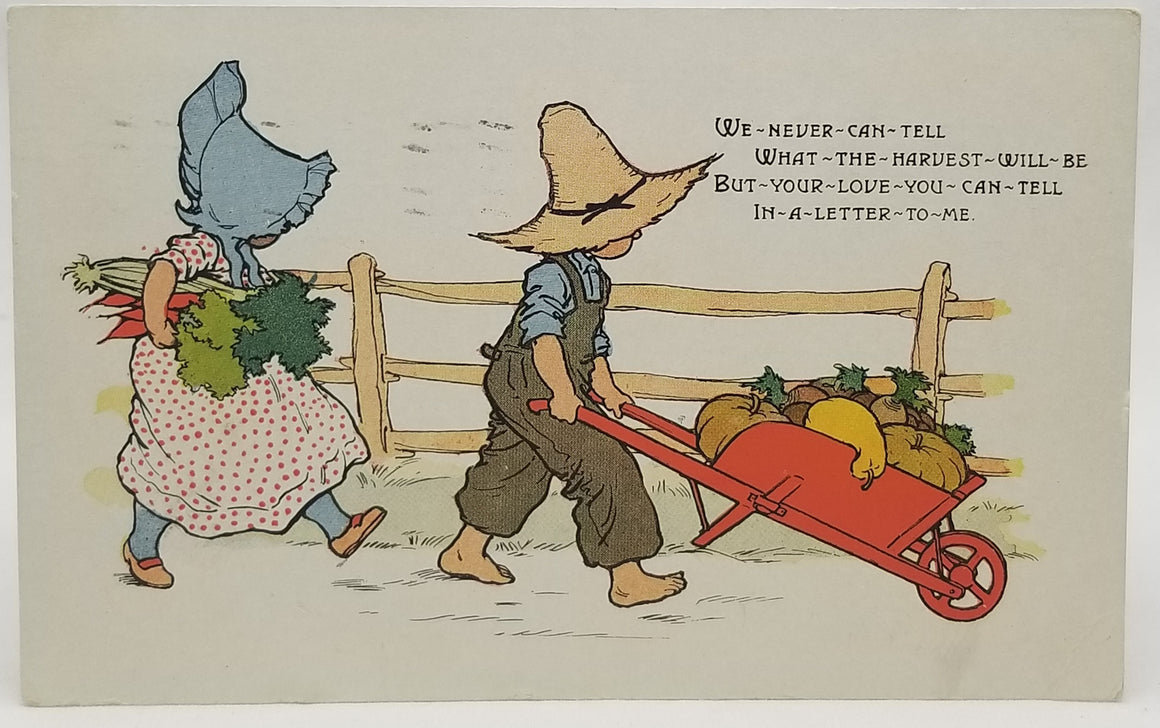 Greetings Postcard Children Farmers Pushing Harvest Wagon