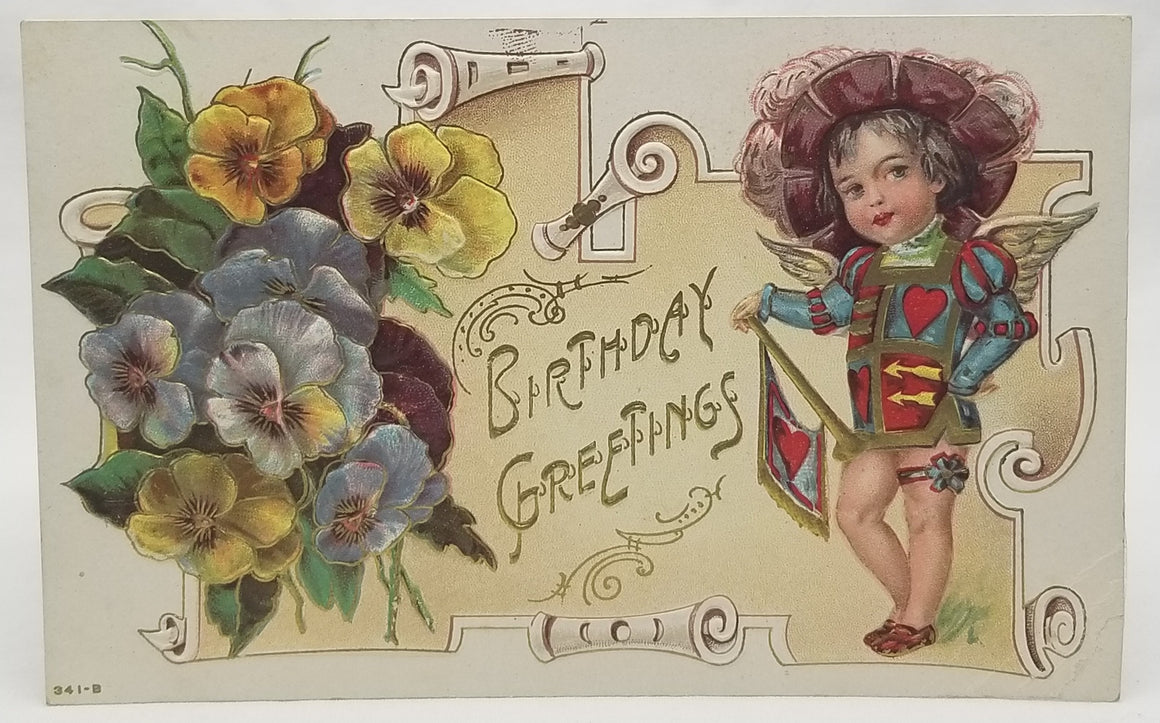 Birthday Postcard Child in Jester Costume with Flowers