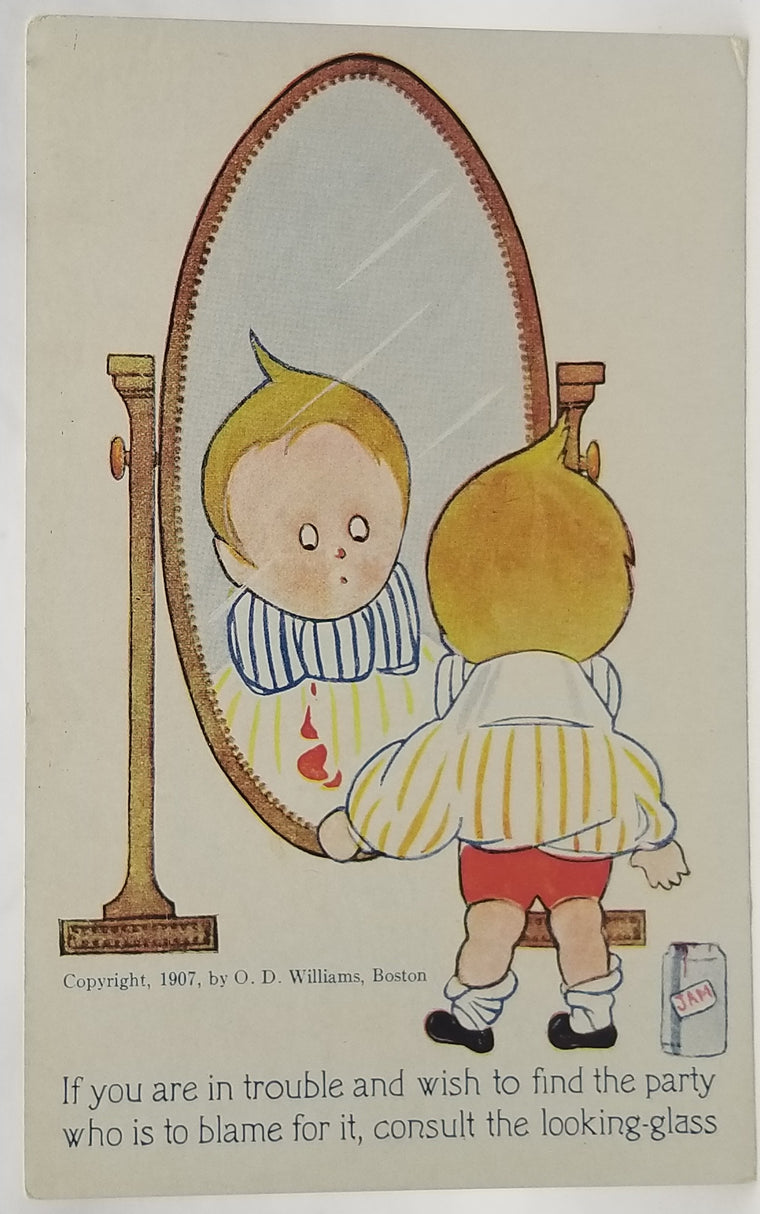 Comical Postcard Child in Mirror with Spilled Jam Boston Kid Series 2