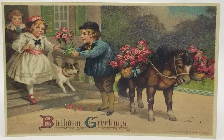 Birthday Postcard Children, Dog & Horse  with Roses Feinberg Card