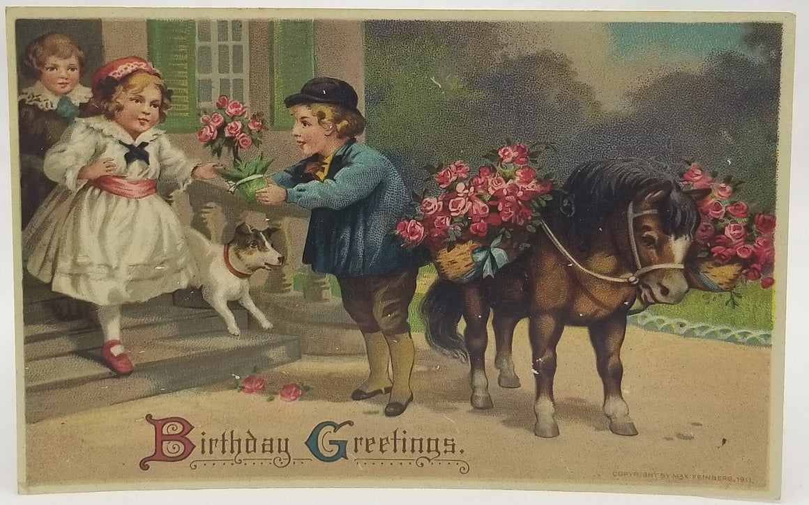 Birthday Postcard Children, Dog & Horse  with Roses Feinberg Card
