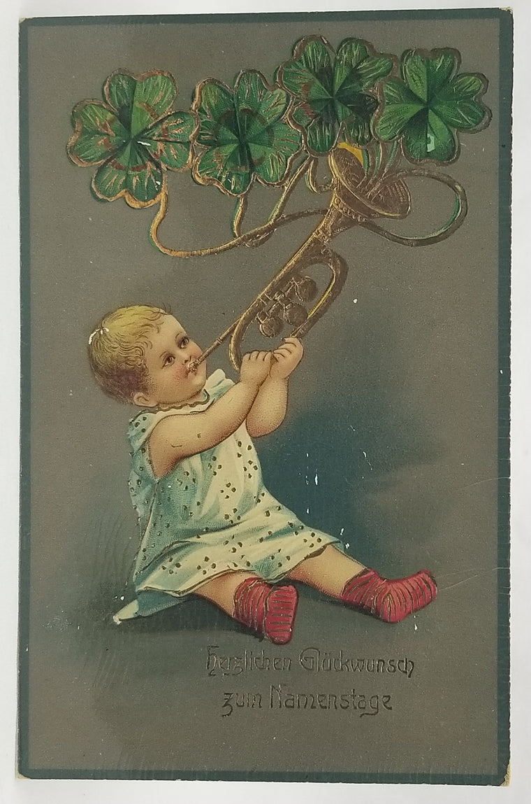 Best Wishes Postcard Child with Horn Gel Finish with Gold