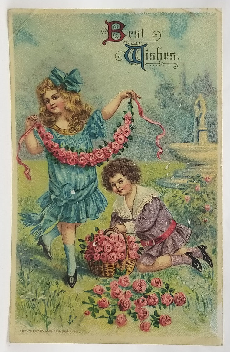 Best Wishes Children with Flowers in Garden Feinberg Card