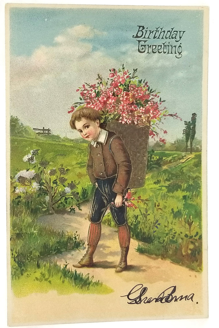 German Birthday Postcard Little Boy Carrying Basket of Flowers Gold Highlights