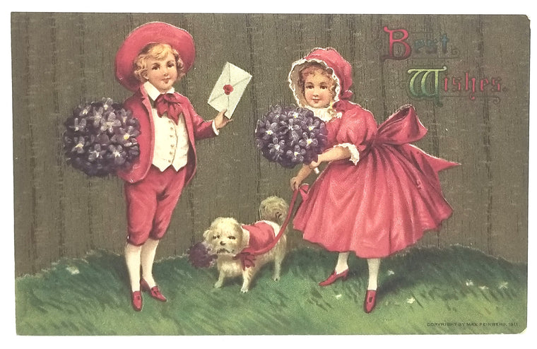 Best Wishes Postcard Children with Puppy Dog Flowers Card Series 18254