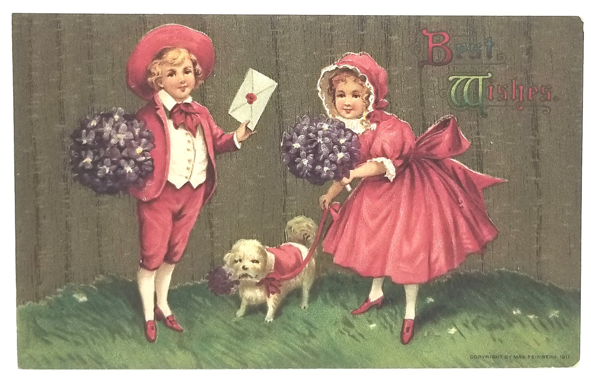 Best Wishes Postcard Children with Puppy Dog Flowers Card Series 18254