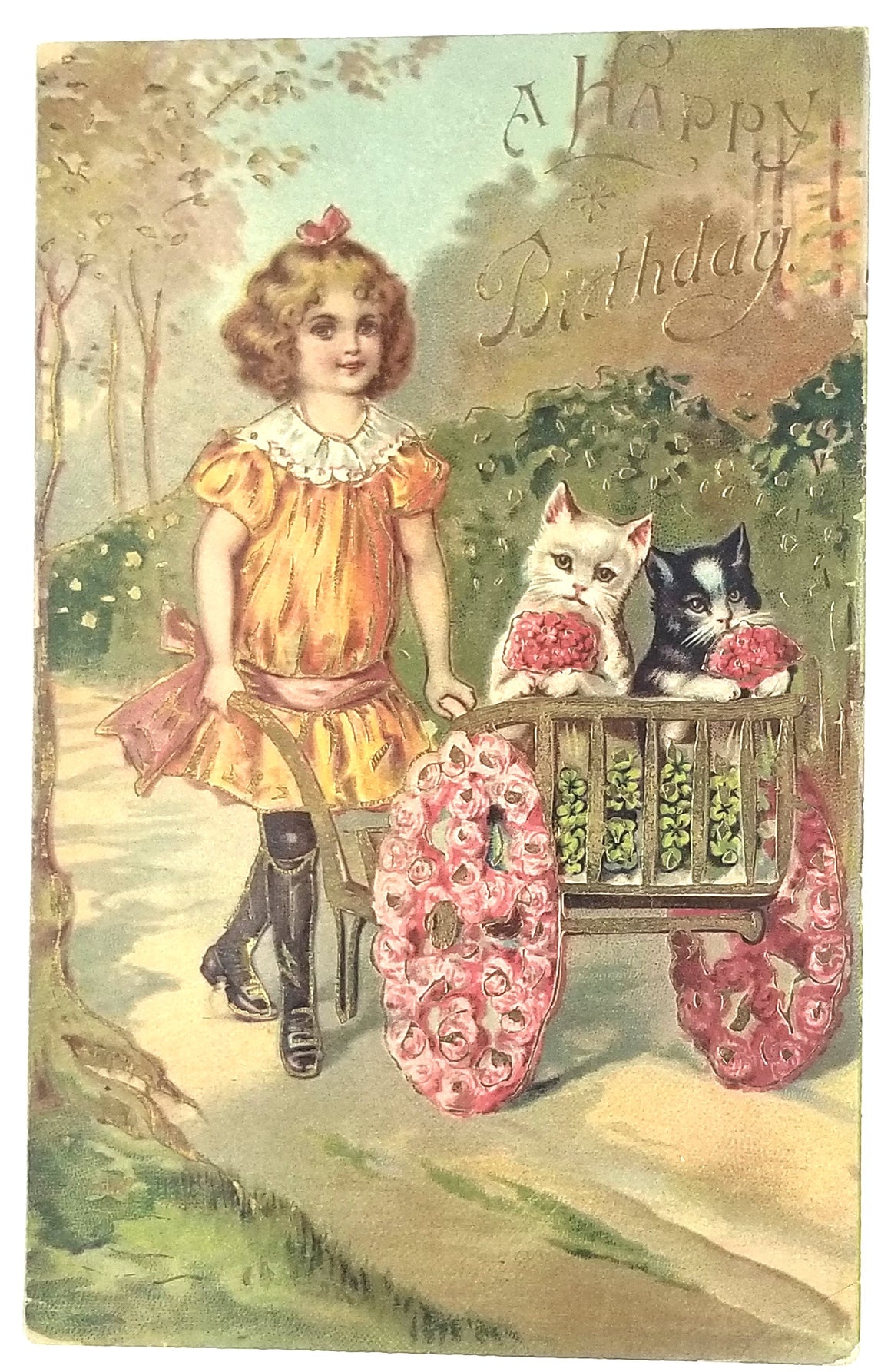 German Birthday Postcard Little Girl Kitty Cats in Flower Wagon Gold Highlights