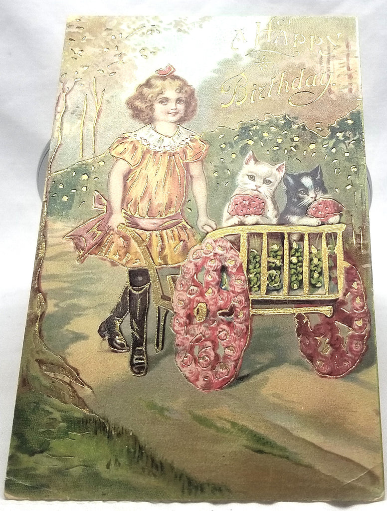 German Birthday Postcard Little Girl Kitty Cats in Flower Wagon Gold Highlights
