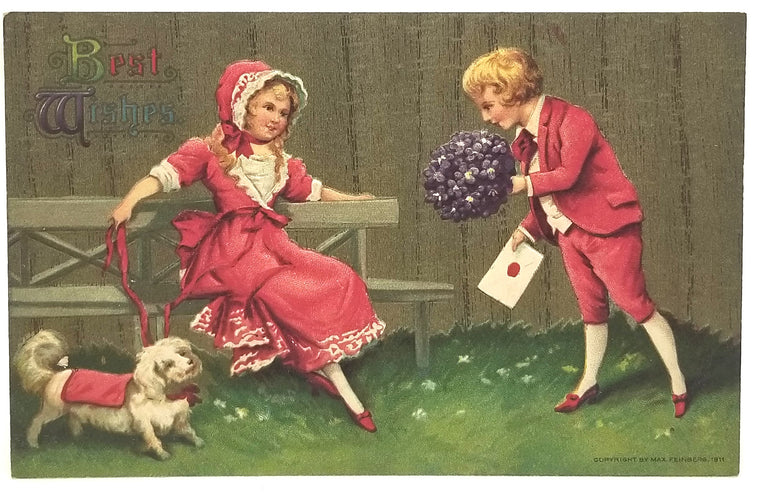 Best Wishes Postcard Children with White Puppy Dog Flowers Card Series 18254