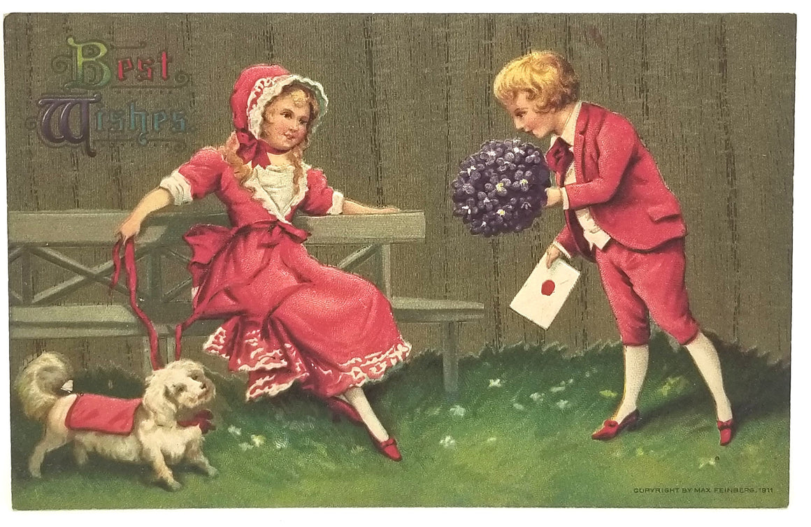 Best Wishes Postcard Children with White Puppy Dog Flowers Card Series 18254