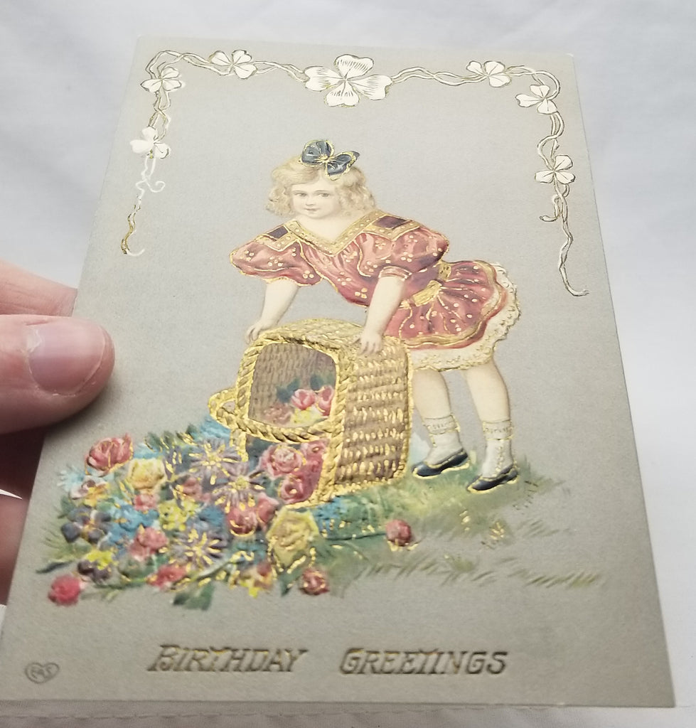 Birthday Postcard Little Girl Spilling Basket of Flowers Gold Highlights