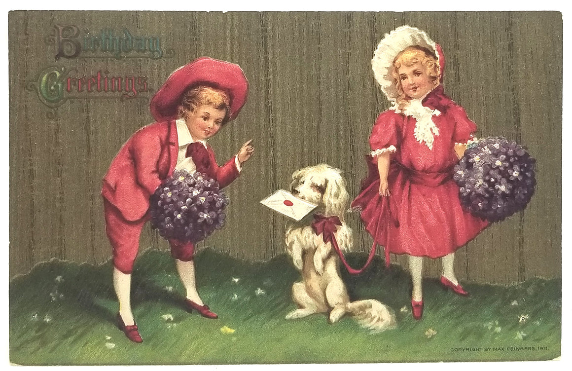 Best Wishes Postcard Children with Seated Puppy Dog Flowers Card Series 18254
