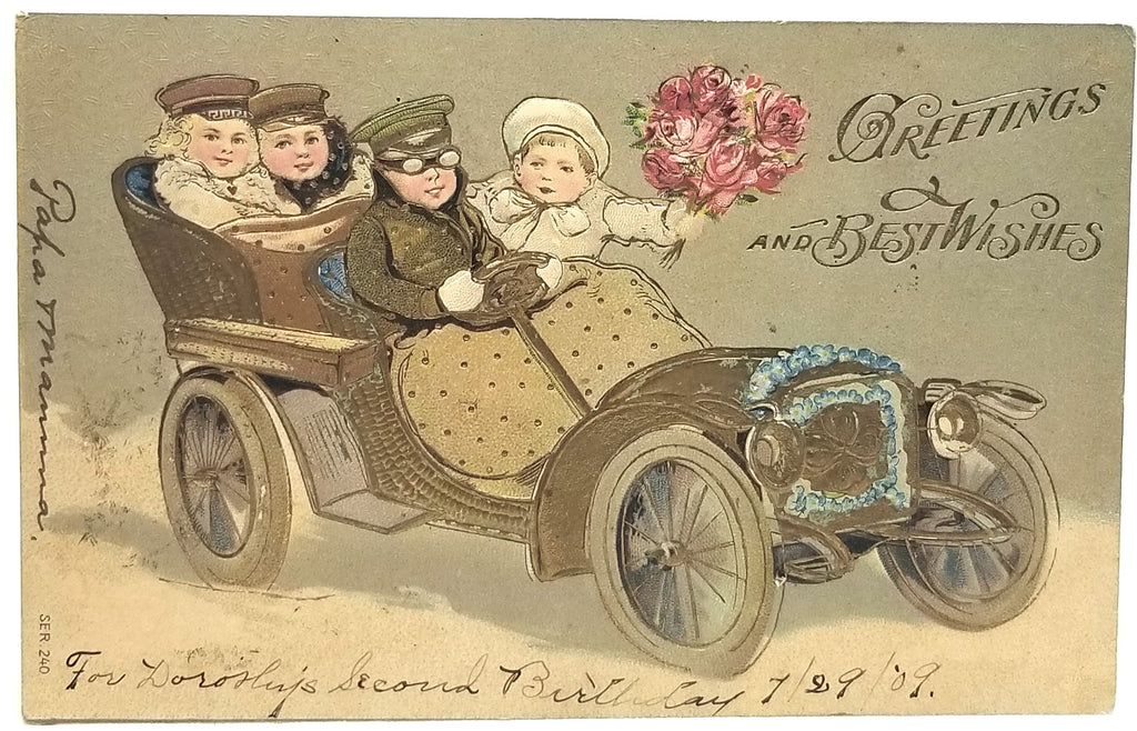 Gold Embossed Best Wishes Postcard Children in Old Timey Car
