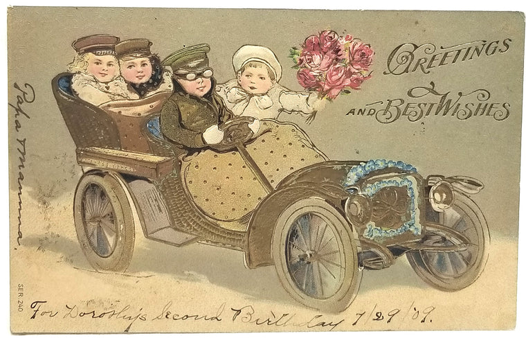 Gold Embossed Best Wishes Postcard Children in Old Timey Car