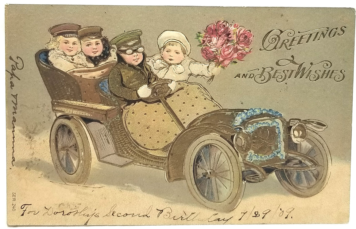 Gold Embossed Best Wishes Postcard Children in Old Timey Car