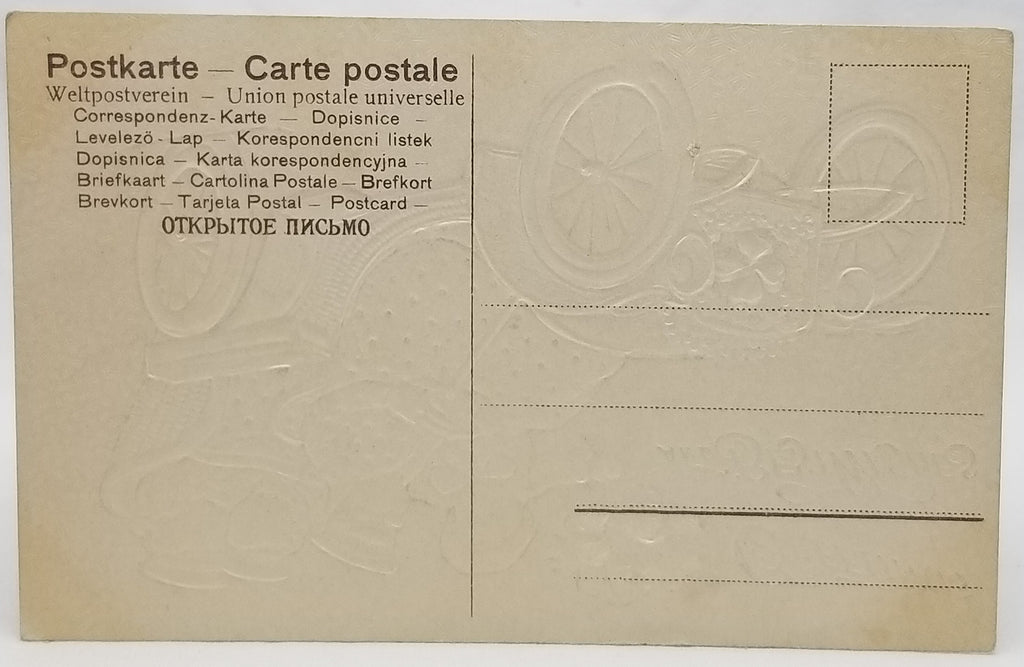 Gold Embossed Best Wishes Postcard Children in Old Timey Car