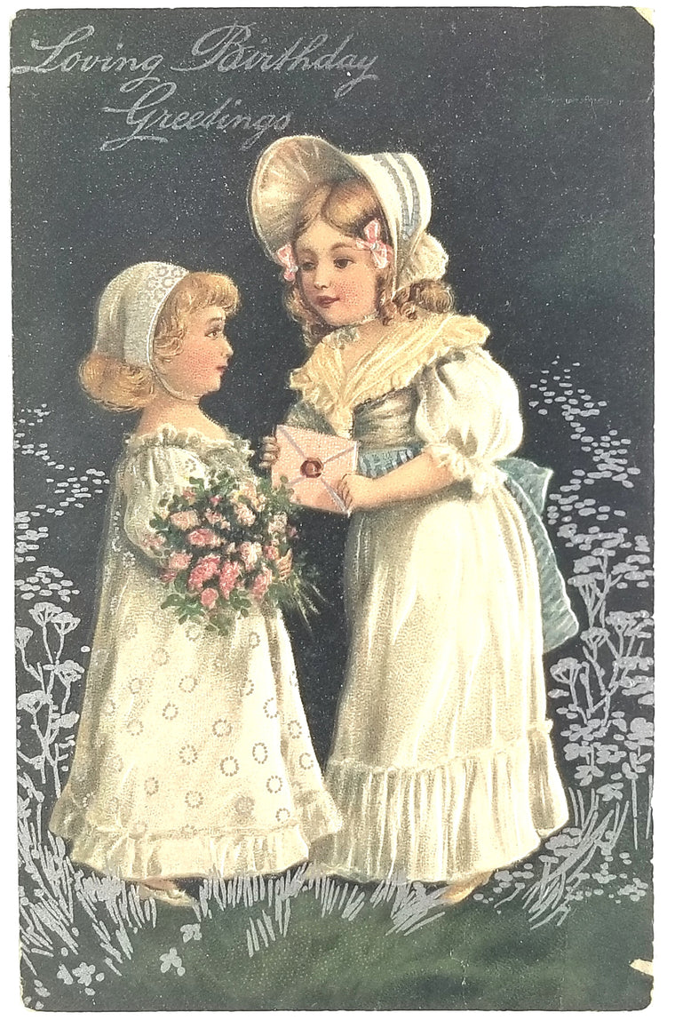 Birthday Postcard Little Girls in White Gowns Silver Highlights Series 7046 PFB Pub