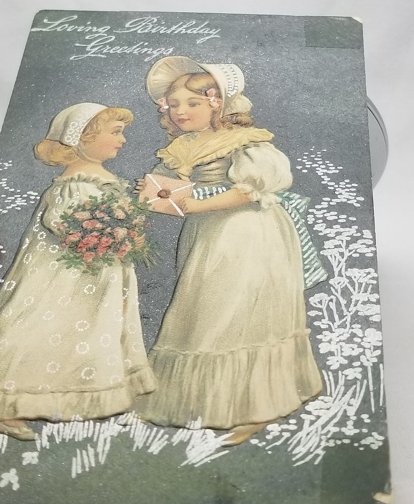Birthday Postcard Little Girls in White Gowns Silver Highlights Series 7046 PFB Pub