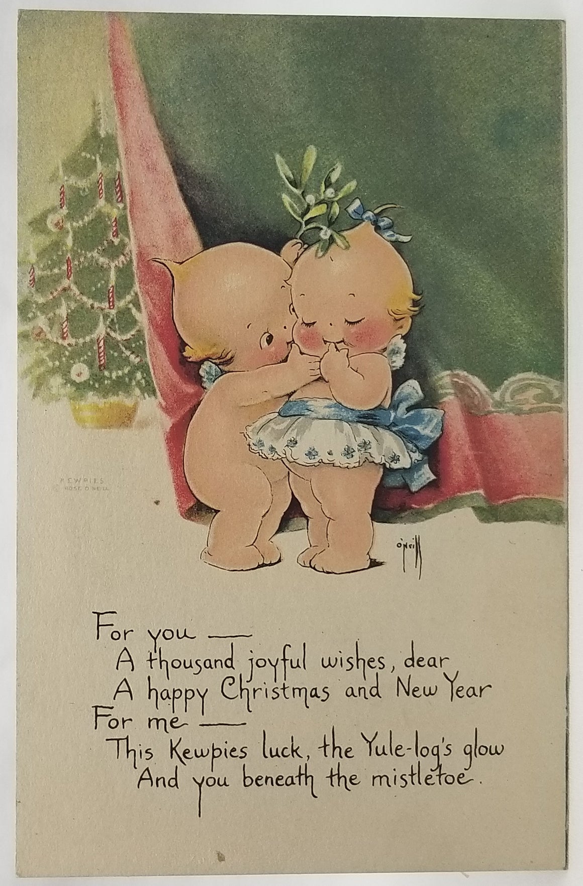Original Rosie O'Neill Kewpie Babies Mistletoe Kiss Christmas Postcard