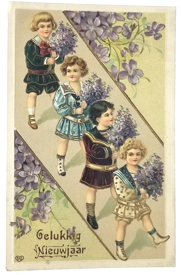 Happy New Year Embossed Postcard Children Holding Flower Bouquets