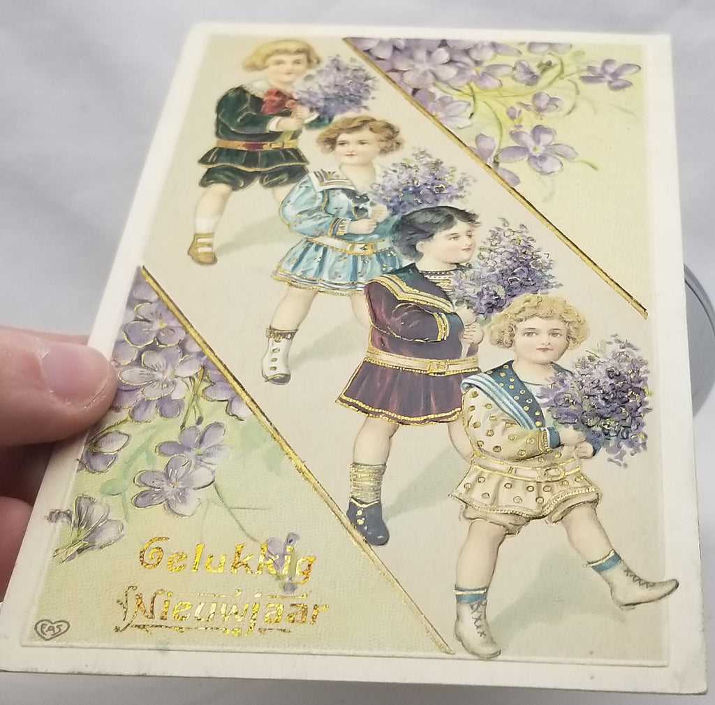 Happy New Year Embossed Postcard Children Holding Flower Bouquets
