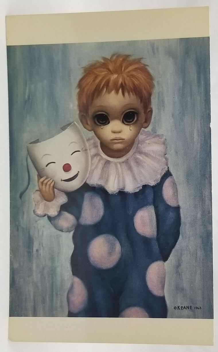 Margaret Keane Postcard Big Eyes Clown Child Happy Mask Unhappy Boy
