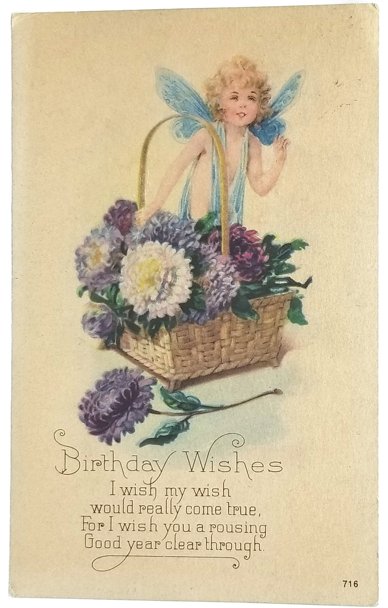 Birthday Postcard Series Blue Fairy Holding Basket of Flowers 716