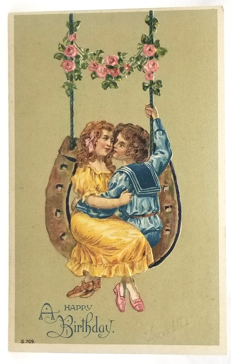 Birthday Postcard Series Young Couple Swinging on Horseshoe 706