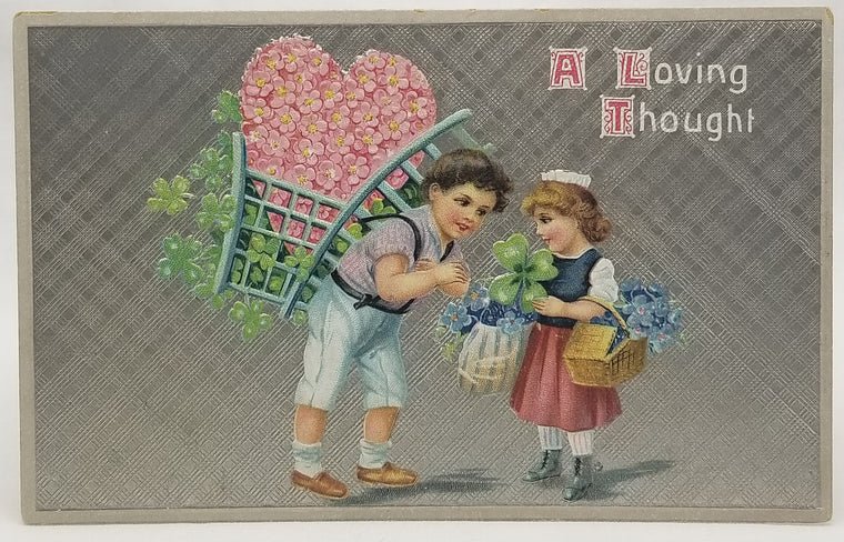 Valentine Postcard Embossed Boy Holding Flower Heart with Little Girl 749