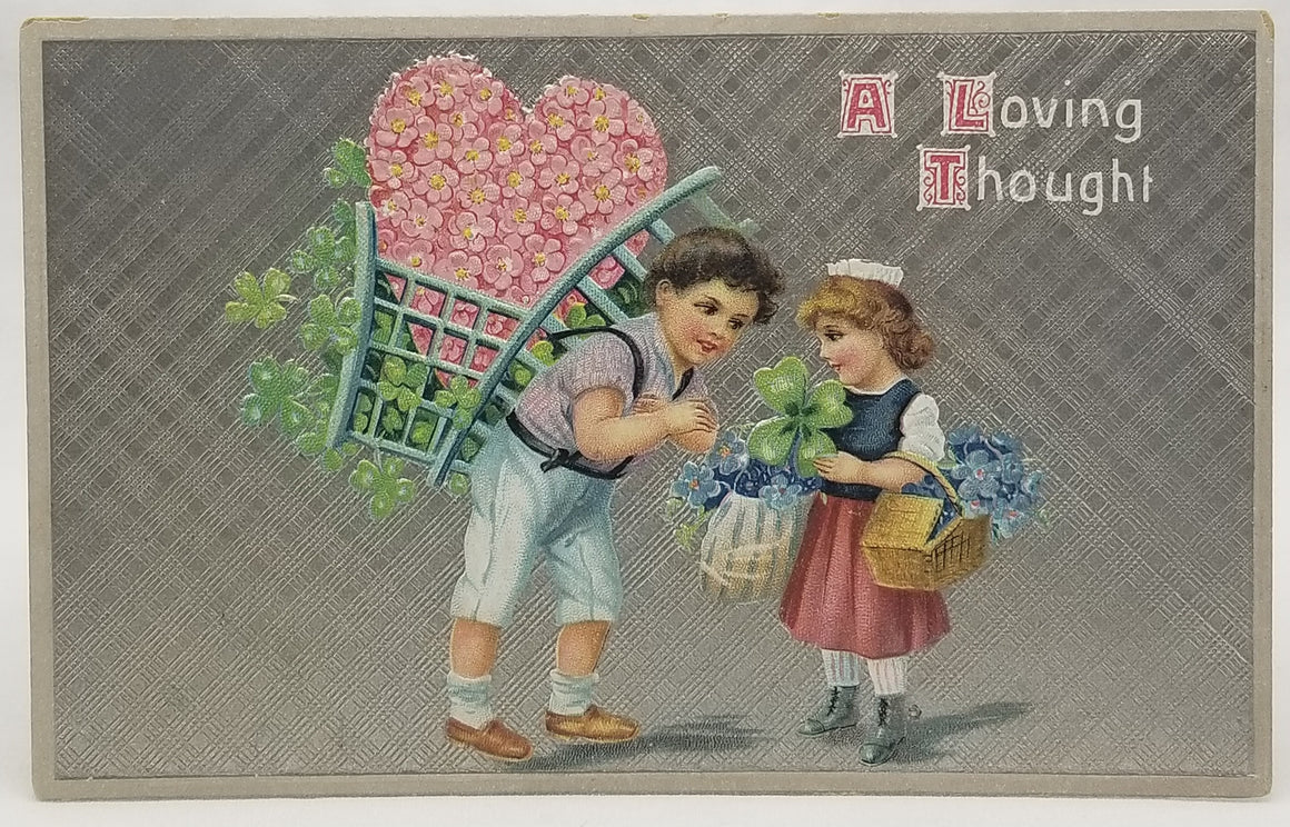 Valentine Postcard Embossed Boy Holding Flower Heart with Little Girl 749