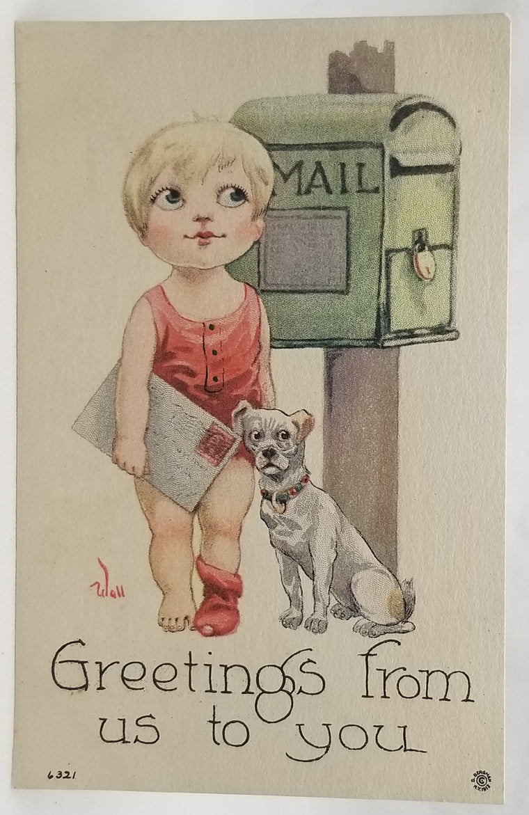 Greetings Postcard Child & Dog Mailbox Artist Bernhardt Wall