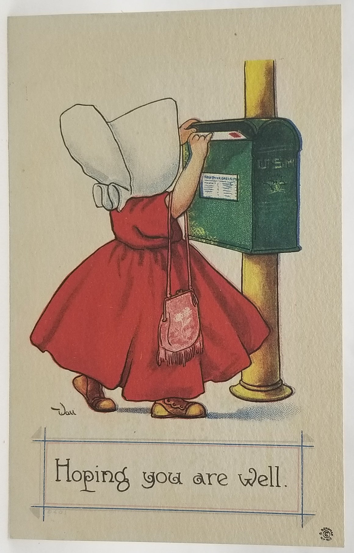 Greetings Postcard Artist Bernhardt Wall Bonnet Girl Mailing Letter