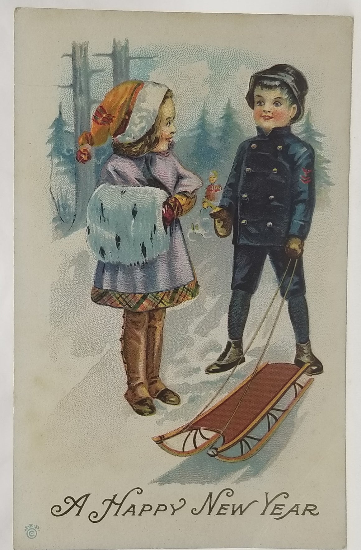 New Year Postcard, Vintage Post Card Two Children in Snow Sledding, New Year's Gold Embossed Series 35 E