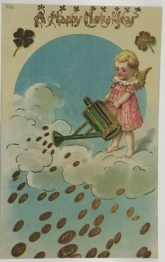 New Year's Postcard, Vintage Post Card of Cherub Angel Watering Gold Coins Falling From Heaven Gel Like Finish