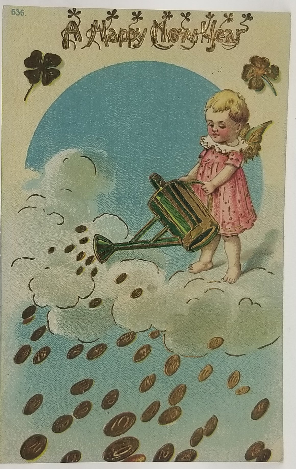 New Year's Postcard, Vintage Post Card of Cherub Angel Watering Gold Coins Falling From Heaven Gel Like Finish