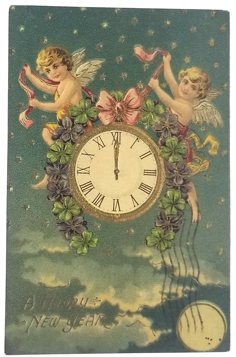 New Year's Postcard, Vintage Post Card of Cherub Angels in Gold Star Night Holding Flowers Over Clock, No 506 German Card