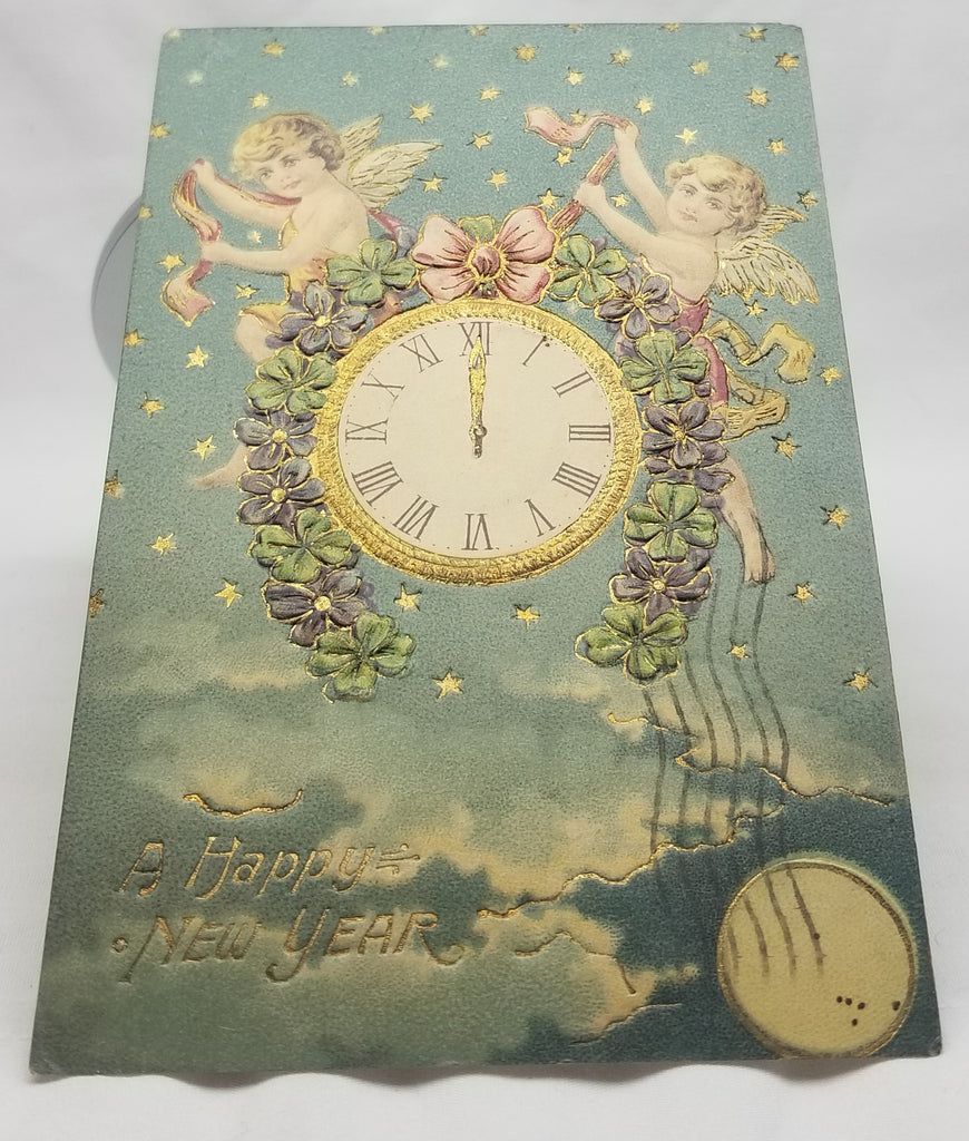 New Year's Postcard, Vintage Post Card of Cherub Angels in Gold Star Night Holding Flowers Over Clock, No 506 German Card