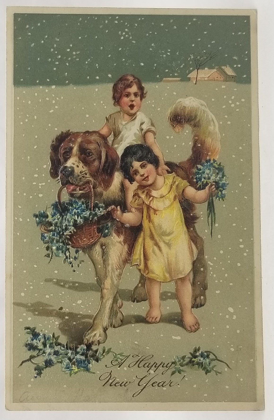 New Year's Postcard, Vintage Post Card Children Riding Saint Bernard Dog in Snow Carrying Basket of Flowers, PFB German Card Series 7978