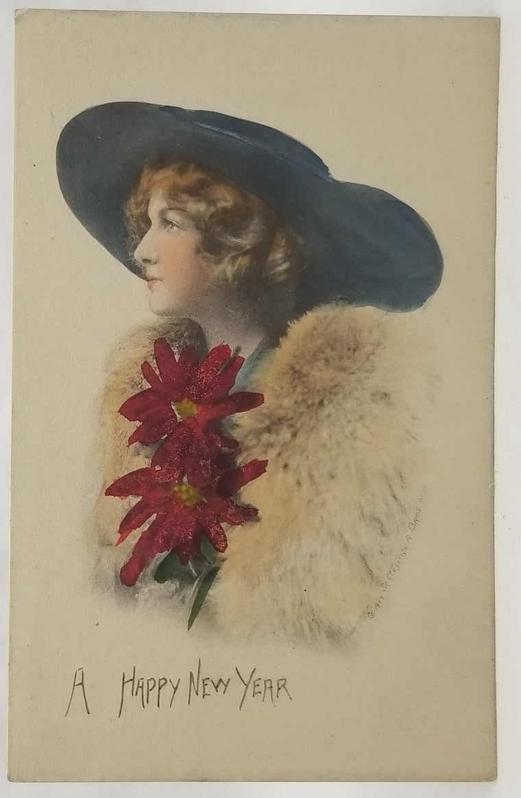 New Year's Postcard, Vintage Post Card Edwardian Woman Holding Poinsettia Flowers, Hand Tinted Card Schlesinger Bros 1912