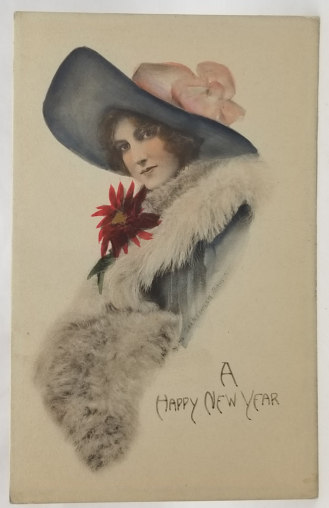 New Year's Postcard, Vintage Post Card Edwardian Woman Holding Poinsettia Flowers in Hat, Hand Tinted Card Schlesinger Bros 1912