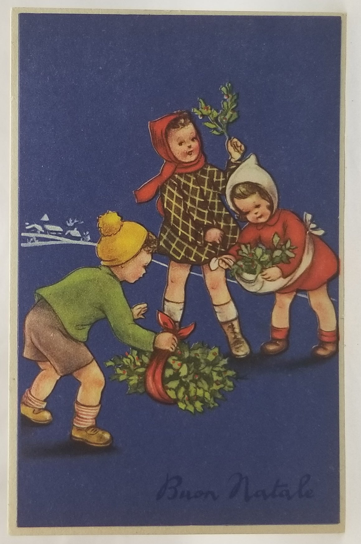 New Year's Postcard, Vintage Italian Post Card Children in Winter Gathering Holly Blue Background