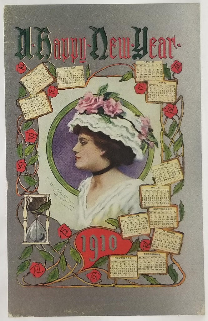 New Year's Postcard, Vintage Post Card Edwardian Woman Gibson Girl Style with Calendar 1910 Silver Background