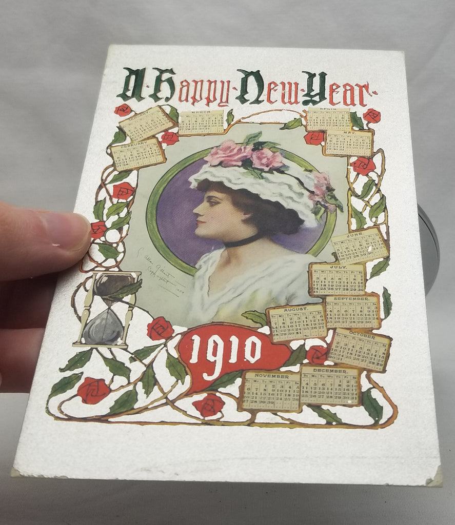 New Year's Postcard, Vintage Post Card Edwardian Woman Gibson Girl Style with Calendar 1910 Silver Background