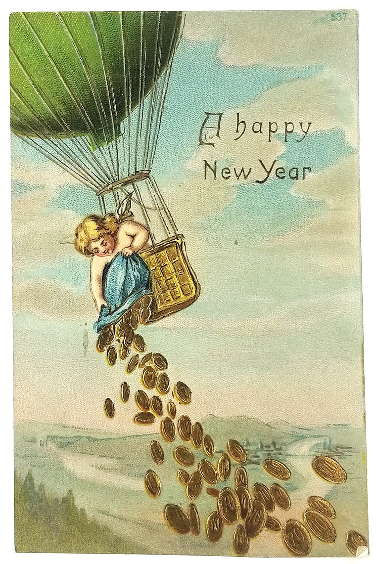 New Year's Postcard, Vintage Post Card of Cherub Angel Dropping Gold Coins From Air Balloon Gel Like Finish