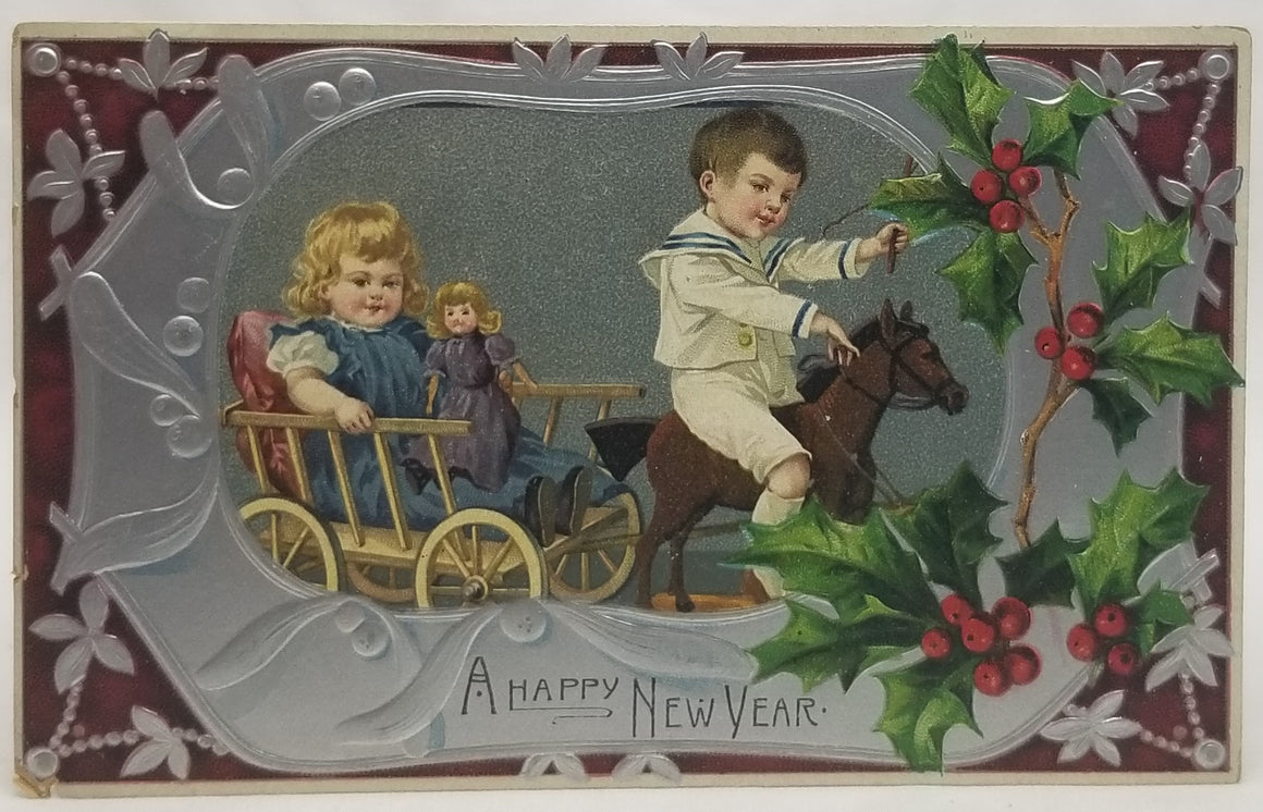 New Year's Postcard, Vintage Post Card Silver Embossed Red Background Children with Rocking Horse