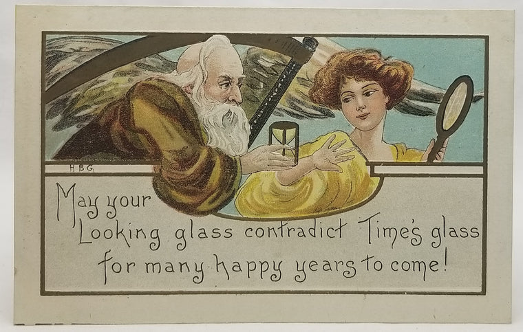 New Year's Postcard, Vintage Post Card Artist H.B. Griggs Father Time with Sickle Handing Beautiful Woman Sands of Time Unused Card