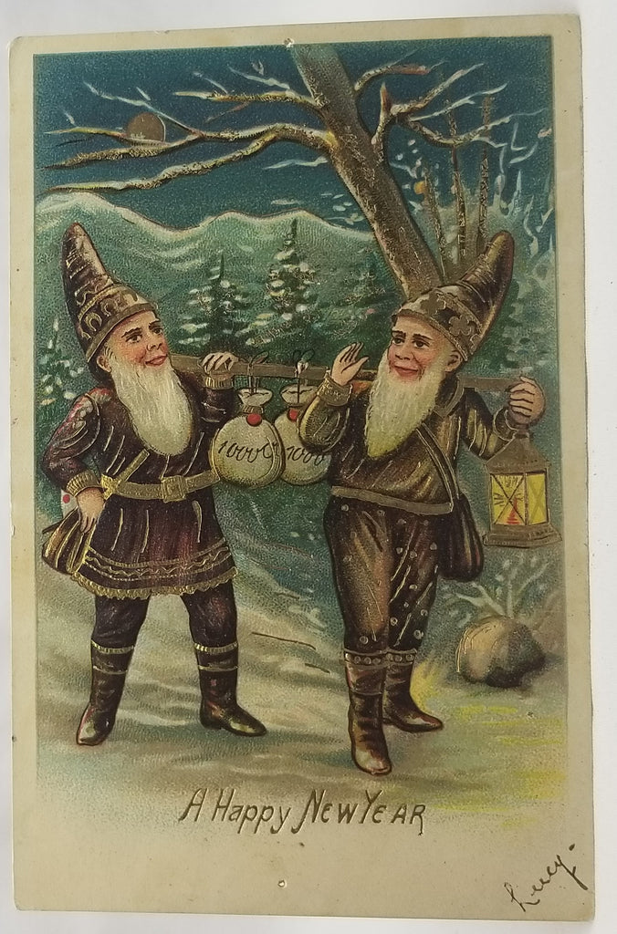 New Year's Postcard, Vintage Post Card Series 168 Gnome Elves Carrying Walking in Night with Gold Highlights