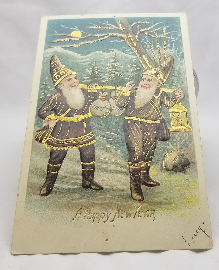 New Year's Postcard, Vintage Post Card Series 168 Gnome Elves Carrying Walking in Night with Gold Highlights