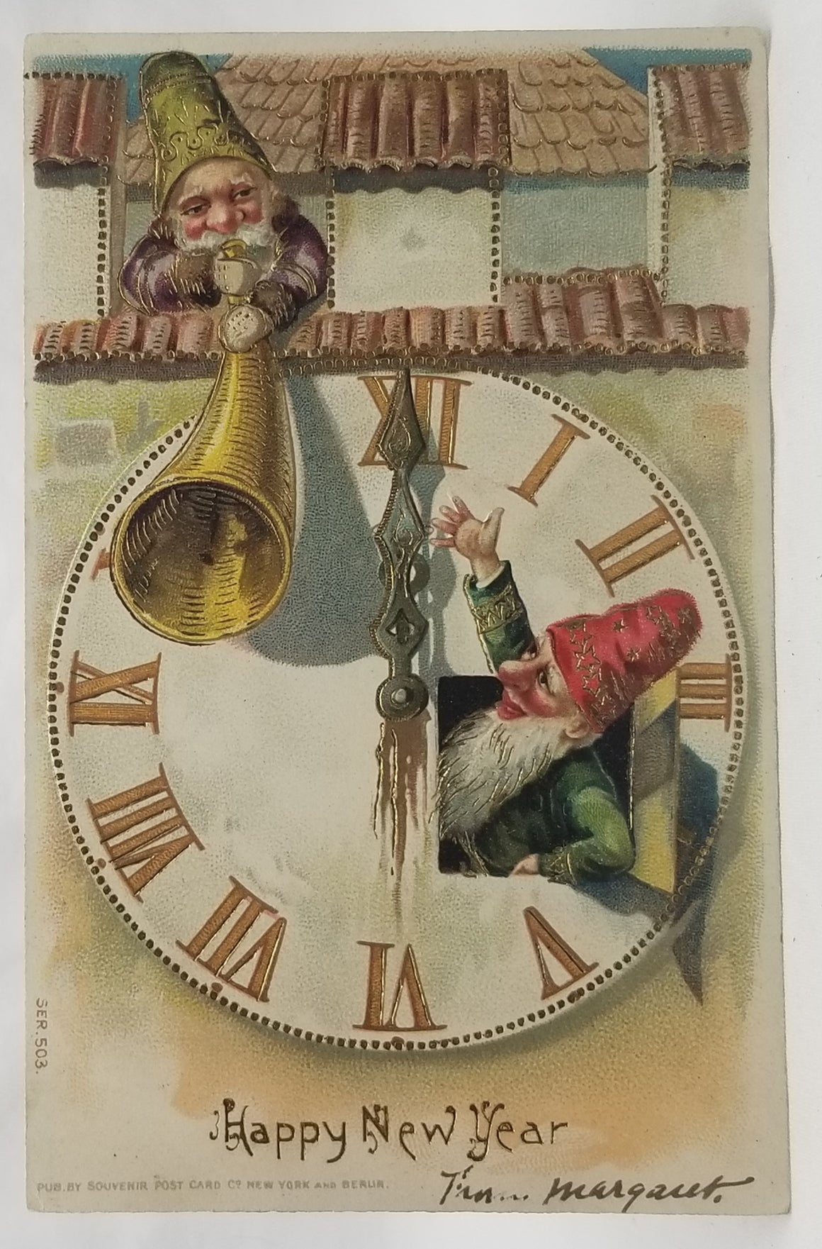 New Year's Postcard, Vintage Post Card Series 503 Gnome Elves in Clock with Gold Highlights